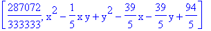 [287072/333333, x^2-1/5*x*y+y^2-39/5*x-39/5*y+94/5]